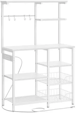 Large Bakers Rack with Power Outlets, 6-Tier Microwave Stand with 4 Hooks, Coffee Bar, Kitchen Shelf with Wire Basket, for Kitchen, Living Room, Office, White WW64UHB01 Large Bakers Rack with Power Outlets, 6-Tier Microwave Stand with 4 Hooks, Coffee Bar, Kitchen Shelf with Wire Basket, for Kitchen, Living Room, Office, White WW64UHB01