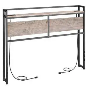 Full Size Headboard, Headboard with 2 Outlets and 4 USB Ports, Adjustable Height, Storage Rack, Sturdy and Stable, Easy Assembly, Greige and Black Full Size Headboard, Headboard with 2 Outlets and 4 USB Ports, Adjustable Height, Storage Rack, Sturdy and Stable, Easy Assembly, Greige and Black