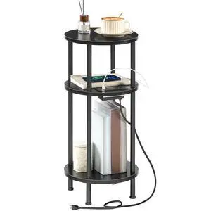 Small Round Side Table, 3-Tier Compact Sofa End Table with Charging Station, Circle Bedside Table Nightstand with Storage, for Small Space, Living Room, Bedroom, Black BB219UBZ01 Small Round Side Table, 3-Tier Compact Sofa End Table with Charging Station, Circle Bedside Table Nightstand with Storage, for Small Space, Living Room, Bedroom, Black BB219UBZ01