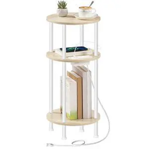 Small Round Side Table, 3-Tier Compact Sofa End Table with Charging Station, Circle Bedside Table Nightstand with Storage, for Small Space, Living Room, Bedroom, Natural and White WN219UBZ01 Small Round Side Table, 3-Tier Compact Sofa End Table with Charging Station, Circle Bedside Table Nightstand with Storage, for Small Space, Living Room, Bedroom, Natural and White WN219UBZ01