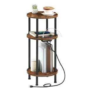 Small Round Side Table, 3-Tier Compact Sofa End Table with Charging Station, Circle Bedside Table Nightstand with Storage, for Small Space, Living Room, Bedroom, Rustic Brown BF219UBZ01 Small Round Side Table, 3-Tier Compact Sofa End Table with Charging Station, Circle Bedside Table Nightstand with Storage, for Small Space, Living Room, Bedroom, Rustic Brown BF219UBZ01