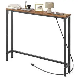 39.4 Inch Narrow Console Table with Power Outlets, 5.9 Inch Sofa Table with Storage, Skinny Behind Couch Table, for Entryway Hallway, Small Spaces, Rustic Brown and Black BF52UXG01G1 39.4 Inch Narrow Console Table with Power Outlets, 5.9 Inch Sofa Table with Storage, Skinny Behind Couch Table, for Entryway Hallway, Small Spaces, Rustic Brown and Black BF52UXG01G1