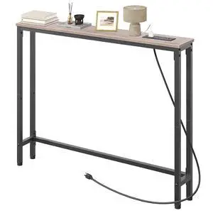 39.4 Inch Narrow Console Table with Power Outlets, 5.9 Inch Sofa Table with Storage, Skinny Behind Couch Table, for Entryway Hallway, Small Spaces, Greige and Black BG52UXG01G1 39.4 Inch Narrow Console Table with Power Outlets, 5.9 Inch Sofa Table with Storage, Skinny Behind Couch Table, for Entryway Hallway, Small Spaces, Greige and Black BG52UXG01G1