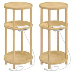 Set of 2 Small Round Side Tables with Charging Station, 3-Tier Round Bamboo End Tables, Easy Assembly, for Living Room, Bedroom, Apartment, Natural YL152UBZP201 Set of 2 Small Round Side Tables with Charging Station, 3-Tier Round Bamboo End Tables, Easy Assembly, for Living Room, Bedroom, Apartment, Natural YL152UBZP201
