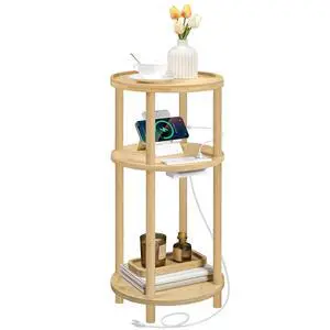 Small Round Side Table with Charging Station, 3-Tier Round Bamboo End Table, Compact Sofa Bedside Table for Small Space, Easy Assembly, for Living Room, Bedroom, Apartment, Natural YL152UBZ01 Small Round Side Table with Charging Station, 3-Tier Round Bamboo End Table, Compact Sofa Bedside Table for Small Space, Easy Assembly, for Living Room, Bedroom, Apartment, Natural YL152UBZ01