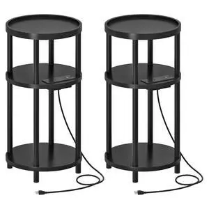 Set of 2 Small Round Side Tables with Charging Station, 3-Tier Round Bamboo End Tables, Easy Assembly, for Living Room, Bedroom, Apartment, Black BB152UBZP201 Set of 2 Small Round Side Tables with Charging Station, 3-Tier Round Bamboo End Tables, Easy Assembly, for Living Room, Bedroom, Apartment, Black BB152UBZP201