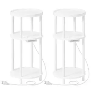 Set of 2 Small Round Side Tables with Charging Station, 3-Tier Round Bamboo End Tables, Easy Assembly, for Living Room, Bedroom, Apartment, White WT152UBZP201 Set of 2 Small Round Side Tables with Charging Station, 3-Tier Round Bamboo End Tables, Easy Assembly, for Living Room, Bedroom, Apartment, White WT152UBZP201