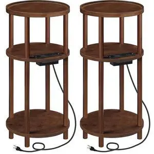 Set of 2 Small Round Side Tables with Charging Station, 3-Tier Round Bamboo End Tables, Compact Sofa Bedside Tables, Easy Assembly, for Living Room, Bedroom, Apartment, Mocha MA152UBZP201 Set of 2 Small Round Side Tables with Charging Station, 3-Tier Round Bamboo End Tables, Compact Sofa Bedside Tables, Easy Assembly, for Living Room, Bedroom, Apartment, Mocha MA152UBZP201