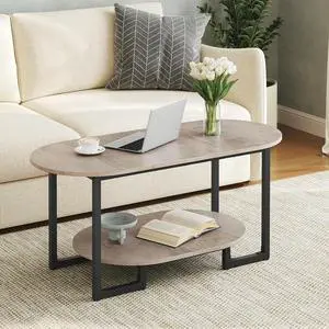 Coffee Table for Living Room, Oval Small Coffee Table with 2-Tier Open Storage Shelf, Industrial Cocktail Tea Table, Wooden Desktop Center Table, Farmhouse, Home Office, Greige BG09KF01 Coffee Table for Living Room, Oval Small Coffee Table with 2-Tier Open Storage Shelf, Industrial Cocktail Tea Table, Wooden Desktop Center Table, Farmhouse, Home Office, Greige BG09KF01