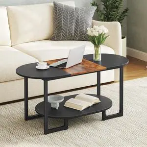 Coffee Table for Living Room, Oval Small Coffee Table with 2-Tier Open Storage Shelf, Industrial Cocktail Tea Table, Wooden Desktop Center Table, Home Office, Rustic Brown and Black BFK09KF01 Coffee Table for Living Room, Oval Small Coffee Table with 2-Tier Open Storage Shelf, Industrial Cocktail Tea Table, Wooden Desktop Center Table, Home Office, Rustic Brown and Black BFK09KF01
