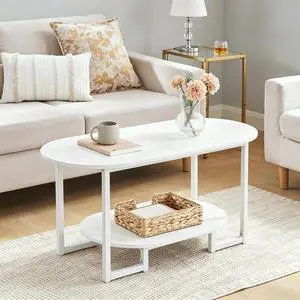 Coffee Table for Living Room, Oval Small Coffee Table with 2-Tier Open Storage Shelf, Industrial Cocktail Tea Table, Wooden Desktop Center Table, Farmhouse, Home Office, White WW09KF01 Coffee Table for Living Room, Oval Small Coffee Table with 2-Tier Open Storage Shelf, Industrial Cocktail Tea Table, Wooden Desktop Center Table, Farmhouse, Home Office, White WW09KF01
