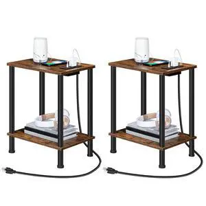 Side Table with Charging Station, Set of 2 End Tables with USB Port and Outlets, Nightstand with 2-Layer Storage Shelves for Small Spaces, Living Room, Bedroom, Rustic Brown BF09UBZP201 Side Table with Charging Station, Set of 2 End Tables with USB Port and Outlets, Nightstand with 2-Layer Storage Shelves for Small Spaces, Living Room, Bedroom, Rustic Brown BF09UBZP201