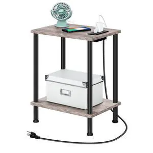 Side Table with Charging Station, End Table with USB Ports and Outlet, Nightstand with 2-Layer Storage Shelves for Small Spaces, Living Room, Bedroom, Stable Frame, Greige and Black BG09UBZ01 Side Table with Charging Station, End Table with USB Ports and Outlet, Nightstand with 2-Layer Storage Shelves for Small Spaces, Living Room, Bedroom, Stable Frame, Greige and Black BG09UBZ01