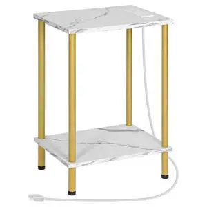 Side Table with Charging Station, End Table with USB Port and Outlet, Nightstand with 2-Layer Storage Shelves for Small Spaces, Living Room, Bedroom, Stable Frame, Gold and Marble DM09UBZ01 Side Table with Charging Station, End Table with USB Port and Outlet, Nightstand with 2-Layer Storage Shelves for Small Spaces, Living Room, Bedroom, Stable Frame, Gold and Marble DM09UBZ01