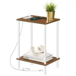 Side Table with Charging Station, End Table with USB Port and Outlets, Nightstand with 2-Layer Storage Shelves for Small Spaces, Living Room, Bedroom, Walnut and White WH09UBZ01 Side Table with Charging Station, End Table with USB Port and Outlets, Nightstand with 2-Layer Storage Shelves for Small Spaces, Living Room, Bedroom, Walnut and White WH09UBZ01