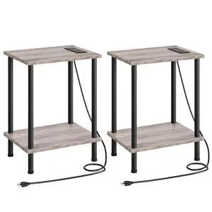 Side Table with Charging Station, Set of 2 End Tables with USB Port and Outlets, Nightstand with 2-Layer Storage Shelves for Small Spaces, Living Room, Bedroom, Greige and Black BG09UBZP201 Side Table with Charging Station, Set of 2 End Tables with USB Port and Outlets, Nightstand with 2-Layer Storage Shelves for Small Spaces, Living Room, Bedroom, Greige and Black BG09UBZP201