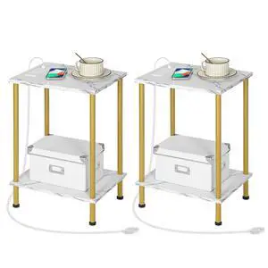 Side Table with Charging Station, Set of 2 End Tables with USB Port and Outlet, Nightstand with 2-Layer Storage Shelves for Small Spaces, Living Room, Bedroom, Gold and Marble DM09UBZP201 Side Table with Charging Station, Set of 2 End Tables with USB Port and Outlet, Nightstand with 2-Layer Storage Shelves for Small Spaces, Living Room, Bedroom, Gold and Marble DM09UBZP201