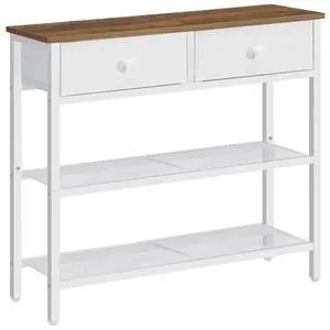 29.5" Narrow Console Table with 2 Fabric Drawers, Sofa Table, Small Entryway Table with 3-Tier Storage Shelves, Behind Couch Table, for Living Room, Hallway, Walnut and White WH72XG01 29.5" Narrow Console Table with 2 Fabric Drawers, Sofa Table, Small Entryway Table with 3-Tier Storage Shelves, Behind Couch Table, for Living Room, Hallway, Walnut and White WH72XG01