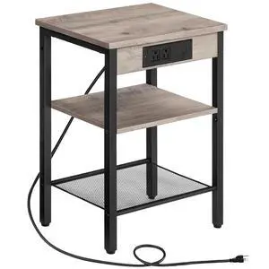 Side Table with Charging Station and USB Port, Small End Table for Small Space, 3-Tier Nightstand with Adjustable Shelf, for Living Room, Bedroom, Greige and Black BG112BZ01 Side Table with Charging Station and USB Port, Small End Table for Small Space, 3-Tier Nightstand with Adjustable Shelf, for Living Room, Bedroom, Greige and Black BG112BZ01