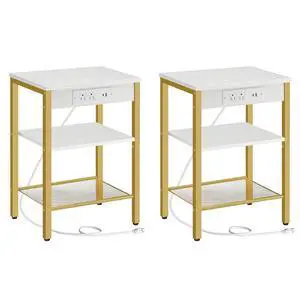 Side Tables Set of 2 with Charging Station and USB Port, Small End Tables for Small Space, 3-Tier Nightstands with Adjustable Shelf, for Living Room, Bedroom, White and Gold DW112BZP201G1 Side Tables Set of 2 with Charging Station and USB Port, Small End Tables for Small Space, 3-Tier Nightstands with Adjustable Shelf, for Living Room, Bedroom, White and Gold DW112BZP201G1