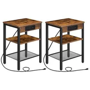 Side Tables Set of 2 with Charging Station and USB Port, Small End Tables for Small Space, 3-Tier Nightstands with Adjustable Shelf, for Living Room, Bedroom, Rustic Brown BF112BZP201 Side Tables Set of 2 with Charging Station and USB Port, Small End Tables for Small Space, 3-Tier Nightstands with Adjustable Shelf, for Living Room, Bedroom, Rustic Brown BF112BZP201