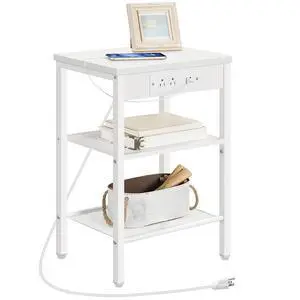 Side Table with Charging Station and USB Port, Small End Table for Small Space, 3-Tier Nightstand with Adjustable Shelf, for Living Room, Bedroom, White WW112BZ01 Side Table with Charging Station and USB Port, Small End Table for Small Space, 3-Tier Nightstand with Adjustable Shelf, for Living Room, Bedroom, White WW112BZ01