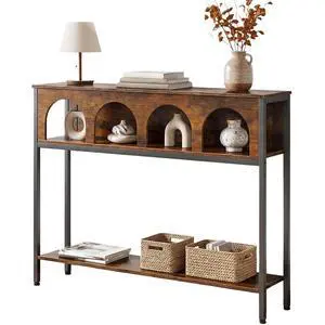 Narrow Console Table, Entryway Table with 3-Tier Storage, Sofa Table, Behind Couch Table with Arched Design for Living Room, Entrance, Hallway, Rustic Brown and Black BF106XG01 Narrow Console Table, Entryway Table with 3-Tier Storage, Sofa Table, Behind Couch Table with Arched Design for Living Room, Entrance, Hallway, Rustic Brown and Black BF106XG01