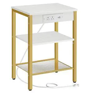 Side Table with Charging Station and USB Port, Small End Table for Small Space, 3-Tier Nightstand with Adjustable Shelf, for Living Room, Bedroom, White and Gold DW112BZ01G1 Side Table with Charging Station and USB Port, Small End Table for Small Space, 3-Tier Nightstand with Adjustable Shelf, for Living Room, Bedroom, White and Gold DW112BZ01G1
