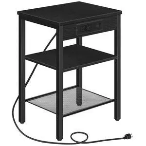 Side Table with Charging Station and USB Port, Small End Table for Small Space, 3-Tier Nightstand with Adjustable Shelf, for Living Room, Bedroom, Black BB112BZ01 Side Table with Charging Station and USB Port, Small End Table for Small Space, 3-Tier Nightstand with Adjustable Shelf, for Living Room, Bedroom, Black BB112BZ01