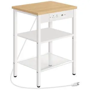 Side Table with Charging Station and USB Port, Small End Table for Small Space, 3-Tier Nightstand with Adjustable Shelf, for Living Room, Bedroom, Natural and White WN112BZ01 Side Table with Charging Station and USB Port, Small End Table for Small Space, 3-Tier Nightstand with Adjustable Shelf, for Living Room, Bedroom, Natural and White WN112BZ01