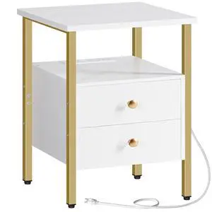 End Table with Charging Station, Bedside Table with 2 Drawer & USB Port & Type-C Port, Nightstand for Small Spaces, Stable and Sturdy, for Living Room, White and Gold DW43UBZ01 End Table with Charging Station, Bedside Table with 2 Drawer & USB Port & Type-C Port, Nightstand for Small Spaces, Stable and Sturdy, for Living Room, White and Gold DW43UBZ01