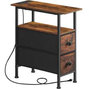 End Table with Charging Station, Narrow Side Table with 2 Fabric Drawers, Skinny Nightstand with Storage, Slim Bedside Table for Living Room, Small Spaces, Rustic Brown and Black BF487UBZ01 End Table with Charging Station, Narrow Side Table with 2 Fabric Drawers, Skinny Nightstand with Storage, Slim Bedside Table for Living Room, Small Spaces, Rustic Brown and Black BF487UBZ01
