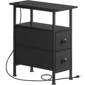 End Table with Charging Station, Narrow Side Table with 2 Fabric Drawers, Skinny Nightstand with Storage, Slim Bedside Table for Bedroom, Living Room, Small Spaces, Black BB487UBZ01 End Table with Charging Station, Narrow Side Table with 2 Fabric Drawers, Skinny Nightstand with Storage, Slim Bedside Table for Bedroom, Living Room, Small Spaces, Black BB487UBZ01