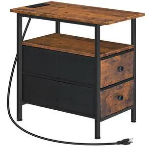 End Table with Charging Station, Narrow Side Table, Nightstand with 2 Non-Woven Drawers, Slim Sofa Side Table, for Small Spaces, Living Room, Bedroom, Rustic Brown and Black BF486UBZ01 End Table with Charging Station, Narrow Side Table, Nightstand with 2 Non-Woven Drawers, Slim Sofa Side Table, for Small Spaces, Living Room, Bedroom, Rustic Brown and Black BF486UBZ01