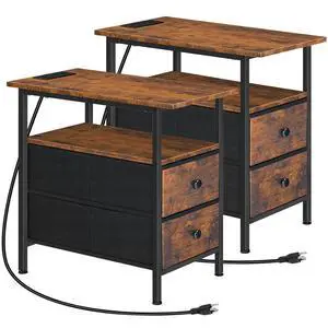 End Table with Charging Station, Set of 2 Narrow Side Tables, Nightstand with 2 Non-Woven Drawers, Slim Sofa Table, for Small Spaces, Living Room, Bedroom, Rustic Brown and Black BF486UBZP201 End Table with Charging Station, Set of 2 Narrow Side Tables, Nightstand with 2 Non-Woven Drawers, Slim Sofa Table, for Small Spaces, Living Room, Bedroom, Rustic Brown and Black BF486UBZP201