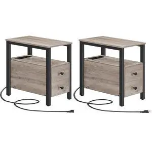 Set of 2 End Tables with Charging Station, Narrow Side Table with Drawers & USB Port & Power Outlets, Nightstand for Small Spaces, Living Room, Stable, Greige and Black BG541BZP201 Set of 2 End Tables with Charging Station, Narrow Side Table with Drawers & USB Port & Power Outlets, Nightstand for Small Spaces, Living Room, Stable, Greige and Black BG541BZP201
