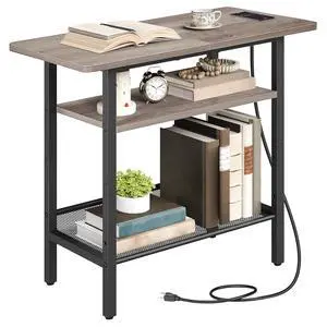 Side Table, Narrow End Table with Shelf, Charging Station, Wide Storage Tabletop, 3-Tier Bedside Tables for for Small Spaces, Living Room, Bedroom, Greige and Black BG366UBZ01 Side Table, Narrow End Table with Shelf, Charging Station, Wide Storage Tabletop, 3-Tier Bedside Tables for for Small Spaces, Living Room, Bedroom, Greige and Black BG366UBZ01