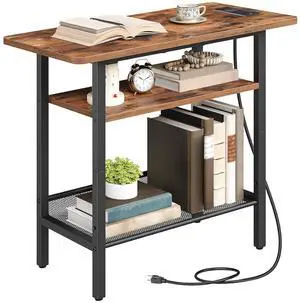 Side Table, Narrow End Table with Shelf and Charging Station, 3-Tier Bedside Tables with Wide Storage Tabletop for for Small Spaces, Living Room, Bedroom, Rustic Brown and Black BF366UBZ01 Side Table, Narrow End Table with Shelf and Charging Station, 3-Tier Bedside Tables with Wide Storage Tabletop for for Small Spaces, Living Room, Bedroom, Rustic Brown and Black BF366UBZ01