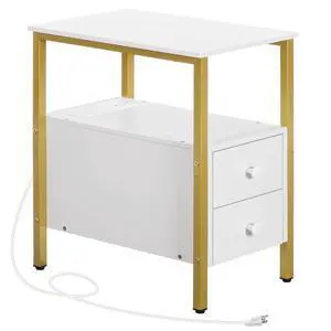 End Table with Charging Station, Narrow Side Table with 2 Drawer & USB Port & Power Outlets, Nightstand for Small Spaces, Stable and Sturdy, for Living Room, Bedroom, Gold and White DW541BZ01 End Table with Charging Station, Narrow Side Table with 2 Drawer & USB Port & Power Outlets, Nightstand for Small Spaces, Stable and Sturdy, for Living Room, Bedroom, Gold and White DW541BZ01