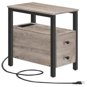 End Table with Charging Station, Narrow Side Table with 2 Drawers & USB Ports & Power Outlets, Nightstand for Small Spaces, Bedroom, Living Room, Stable and Sturdy, Greige and Black BG541BZ01 End Table with Charging Station, Narrow Side Table with 2 Drawers & USB Ports & Power Outlets, Nightstand for Small Spaces, Bedroom, Living Room, Stable and Sturdy, Greige and Black BG541BZ01