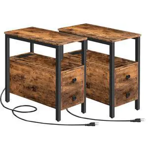 Set of 2 End Tables with Charging Station, Narrow Side Table with Drawers, Power Outlets, Nightstand for Small Spaces, Living Room, Stable and Sturdy, Rustic Brown and Black BF541BZP201 Set of 2 End Tables with Charging Station, Narrow Side Table with Drawers, Power Outlets, Nightstand for Small Spaces, Living Room, Stable and Sturdy, Rustic Brown and Black BF541BZP201