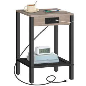 Side Table with Charging Station, End Table with USB Ports and Outlet, Nightstand with 2-Tier Storage Shelf, Faux Rattan Decoration, for Small Space, Greige and Black BG91UBZ01 Side Table with Charging Station, End Table with USB Ports and Outlet, Nightstand with 2-Tier Storage Shelf, Faux Rattan Decoration, for Small Space, Greige and Black BG91UBZ01