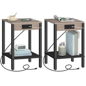 Side Table with Charging Station, Set of 2 End Table with USB Ports and Outlet, Nightstand with 2-Tier Storage Shelf, Faux Rattan Decoration, for Small Space, Greige and Black BG91UBZP201 Side Table with Charging Station, Set of 2 End Table with USB Ports and Outlet, Nightstand with 2-Tier Storage Shelf, Faux Rattan Decoration, for Small Space, Greige and Black BG91UBZP201