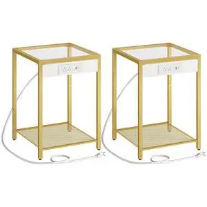 Side Table with Charging Station, Set of 2 End Tables with USB Port, Nightstand for Tight Spaces, Tempered Glass, Modern Metal Frame, for Office, Bedroom, Living Room, Gold GD76UBZP201 Side Table with Charging Station, Set of 2 End Tables with USB Port, Nightstand for Tight Spaces, Tempered Glass, Modern Metal Frame, for Office, Bedroom, Living Room, Gold GD76UBZP201