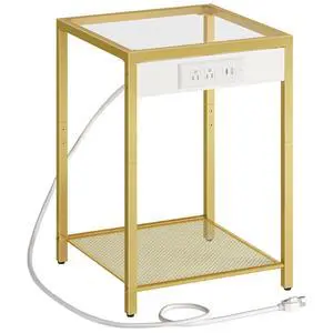Side Table with Charging Station, End Table with USB Port, Nightstand for Tight Spaces, Tempered Glass, Modern Metal Frame, for Office, Bedroom, Living Room, Study, Gold GD76UBZ01 Side Table with Charging Station, End Table with USB Port, Nightstand for Tight Spaces, Tempered Glass, Modern Metal Frame, for Office, Bedroom, Living Room, Study, Gold GD76UBZ01