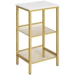 Tall Side Table, 3-Tier Telephone End Table with Adjustable Mesh Shelves, Small Entryway Table with Storage, Small Nightstand for Living Room, Bedroom, Hallway, White and Gold DW01DH01G1 Tall Side Table, 3-Tier Telephone End Table with Adjustable Mesh Shelves, Small Entryway Table with Storage, Small Nightstand for Living Room, Bedroom, Hallway, White and Gold DW01DH01G1