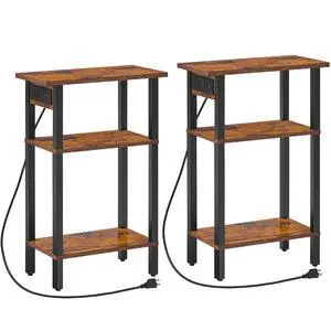 Narrow Side Table, Set of 2, 3-Tier Slim End Table with Charging Station, Skinny Nightstand with Open Storage, for Small Spaces, Living Room, Bedroom, Study, Rustic Brown and Black BF340UBZP201 Narrow Side Table, Set of 2, 3-Tier Slim End Table with Charging Station, Skinny Nightstand with Open Storage, for Small Spaces, Living Room, Bedroom, Study, Rustic Brown and Black BF340UBZP201