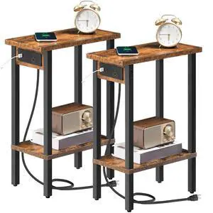 Narrow Side Tables, Set of 2, 2-Tier Slim End Tables with Charging Station, Skinny Nightstands with Open Storage, for Small Spaces, Living Room, Bedroom, Rustic Brown and Black BF240UBZP201 Narrow Side Tables, Set of 2, 2-Tier Slim End Tables with Charging Station, Skinny Nightstands with Open Storage, for Small Spaces, Living Room, Bedroom, Rustic Brown and Black BF240UBZP201