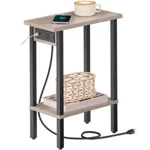 Narrow Side Table, 2-Tier Slim End Table with Charging Station, Skinny Nightstand with Open Storage, for Small Spaces, Living Room, Bedroom, Study, Greige and Black BG240UBZ01 Narrow Side Table, 2-Tier Slim End Table with Charging Station, Skinny Nightstand with Open Storage, for Small Spaces, Living Room, Bedroom, Study, Greige and Black BG240UBZ01