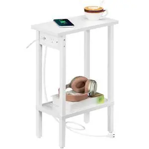 Narrow Side Table, 2-Tier Slim End Table with Charging Station, Skinny Nightstand with Open Storage, for Small Spaces, Living Room, Bedroom, Study, White WT240UBZ01 Narrow Side Table, 2-Tier Slim End Table with Charging Station, Skinny Nightstand with Open Storage, for Small Spaces, Living Room, Bedroom, Study, White WT240UBZ01